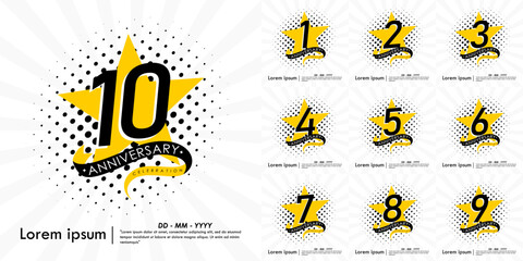Set of 1st-10th years anniversary celebration emblem. congratulations anniversary logo isolated with ribbon and star on white background. vector illustration template design 