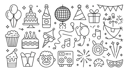 A collection of simple, black and white outline icons depicting various party elements