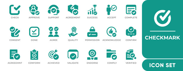 Checkmark Icon Set. Includes vector icons of tick, checkbox, completed tasks, approval marks, and validation. Perfect for apps, forms, dashboards, and UI design.