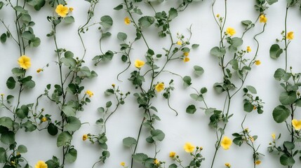 Delicate Yellow Flowers with Green Leaves on a Light Background