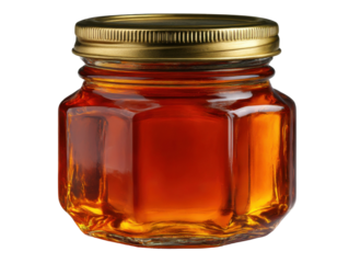 Honey jar display kitchen setting food photography warm lighting. Isolated on transparent background, png.
