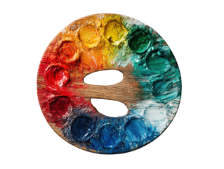 Painting palette showcase art studio digital image colorful design. Isolated on transparent background, png.