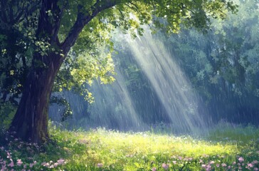 Obraz premium Soft light shining through rain in early spring