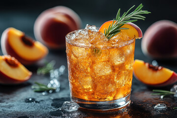 Glass of peach cocktail with ice cubes and fresh peach slices.