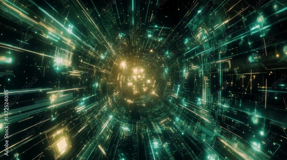 Poster exploring dynamic light patterns in a virtual space digital realm abstract art futuristic environmen