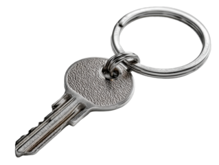 Unlocking potential key on keychain home office product photography. Isolated on transparent background, png.