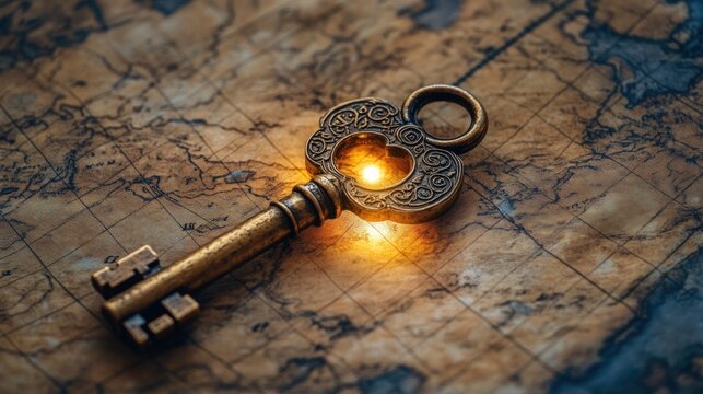 Antique key on a vintage map