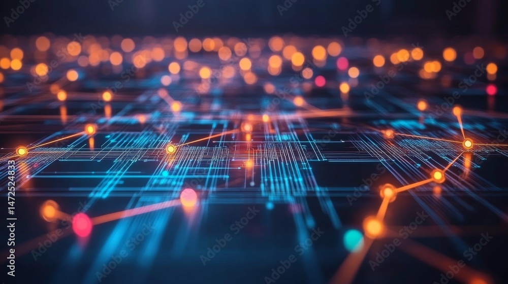Poster exploring digital connectivity through neon networks abstract technology visualization studio enviro