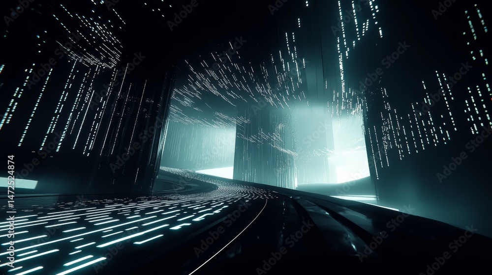 Poster futuristic data stream journey digital realm visual art sci-fi environment immersive viewpoint cyber