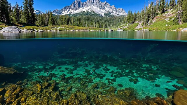 Scenic half underwater view of a clear mountain lake