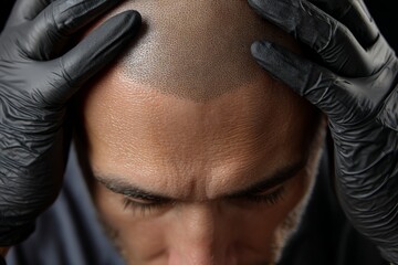 Close-up of a man with a shaved head and hands on his scalp