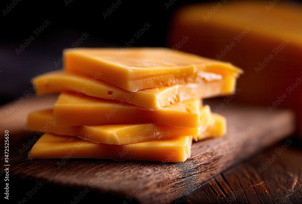 Poster close-up of sharp cheddar cheese slices stacked on rustic wooden board with dark background for culi