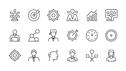 Fototapeta premium This set of black line icons displays various business concepts, including productivity, collaboration, target setting, communication, and time management