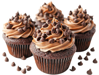 Delicious chocolate cupcakes bakery food photography studio tempting. Isolated on transparent background, png.