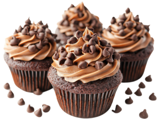 Delicious chocolate cupcakes bakery food photography studio tempting. Isolated on transparent background, png.