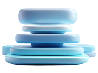 Layered blue shapes abstract design studio setting soft lighting. Isolated on transparent background, png.