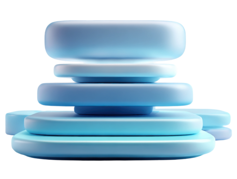 Layered blue shapes abstract design studio setting soft lighting. Isolated on transparent background, png.