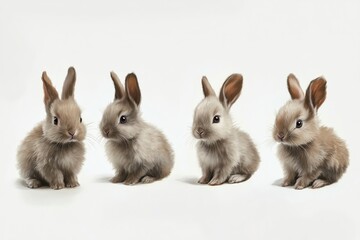 Fototapeta premium Cute baby rabbits sitting in row on white background with soft fur and alert ears. Adorable group animal pet concept for playful innocence.