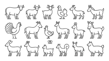 This image features a collection of simple line art illustrations of various farm animals, including cows, goats, sheep, chickens, and other livestock