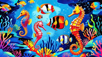 Obraz premium Beautiful stock illustration with watercolor underwater sea life scenery