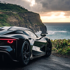 Mid-engine exotic car parked on cliffside scenic road