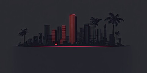 Dark Cityscape Silhouette with Red Outline Tall Building & Palms