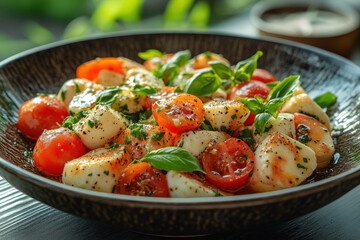 Tomatoes and mozzarella with basil in a bowl.