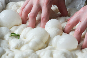 Hands working the dough, creating a soft and airy texture filled with bubbles. Fresh herbs are...