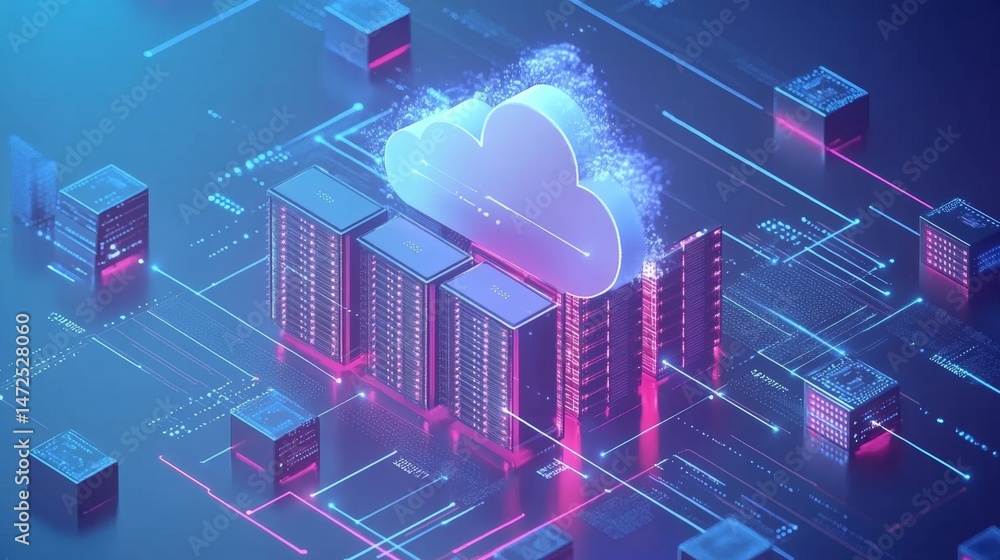 Poster cloud computing infrastructure development digital data center 3d visualization futuristic environme