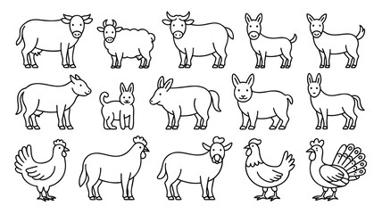 Fototapeta premium A collection of various farm animals depicted in simple, black line art