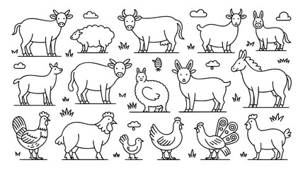 This image features a collection of various farm animals, including cows, sheep, goats, donkeys, chickens, and a llama, depicted in simple, elegant line art