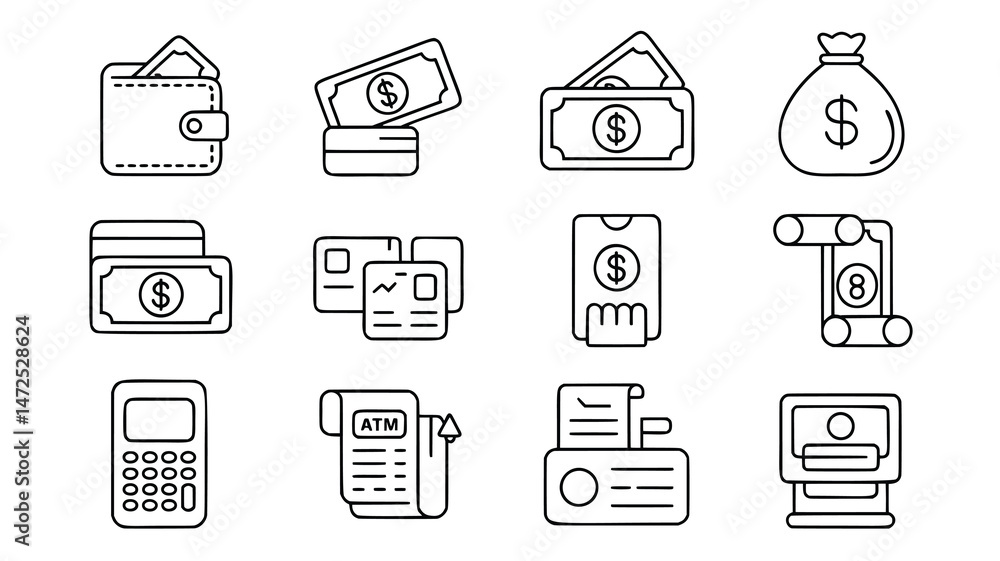 Poster this image showcases a collection of simple, black line icons depicting various financial tools and 