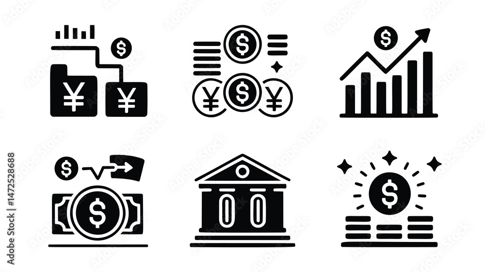 Poster this image features a collection of black and white icons representing various financial concepts