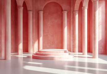 Fototapeta premium Pink Architectural Interior with Classical Columns and Stepped Platform