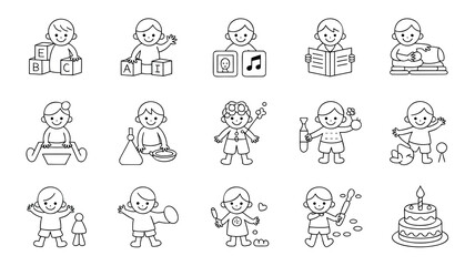 A collection of simple line art illustrations of children engaged in a variety of playful activities