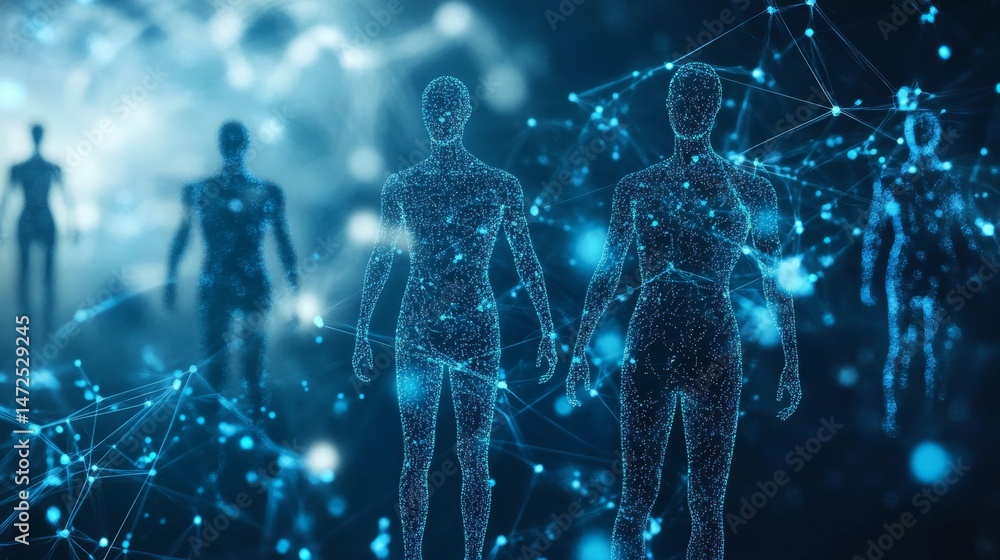 Fototapete Digital human figures interacting in a virtual space futuristic digital environment 3d visualization technology concepts