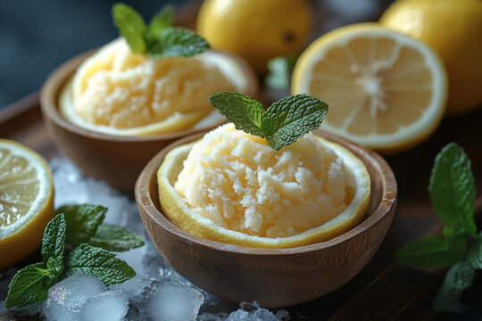 Lemon sorbo with mint garnish.