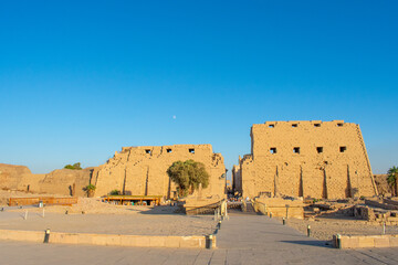 Karnak Temple in Luxor, Egypt. Entrance and Avenue of Sphinxes. Temple complex of Ancient Egypt in honor of the god Amun-Ra