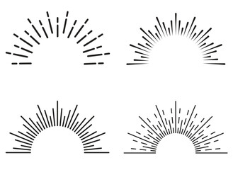 Vintage sunburst collection. Bursting sun rays. Fireworks. Logotype or lettering design element. Radial sunset beams. Vector illustration