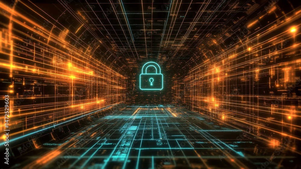 Poster cybersecurity action locking data safely digital realm infographic high-tech environment virtual vie