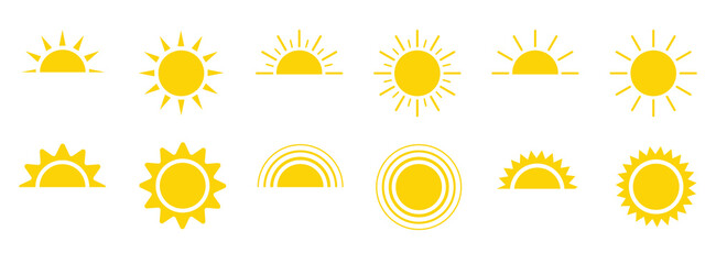 Yellow sun icon set, sunshine and solar glow, sunrise or sunset. Decorative circle full and half sun and sunlight. Hot solar energy for tan. Vector sign
