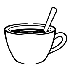 black icon cup of coffee or tea with spoon no background