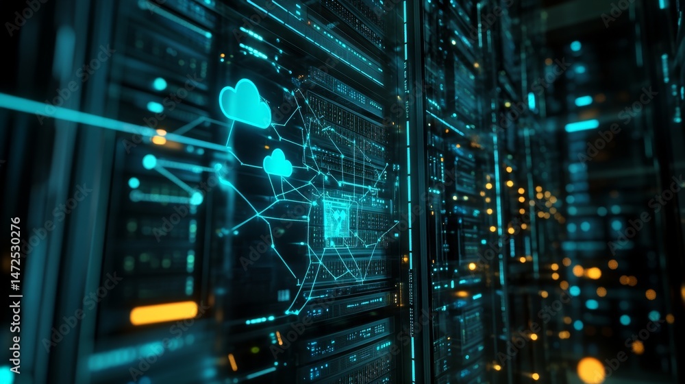 Poster data processing and cloud connectivity in modern technology digital server room visual representatio