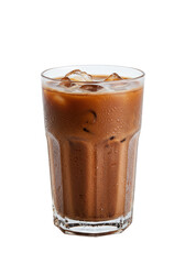 Refreshing iced coffee in tall glass, condensation forming. Simple beverage, dark background