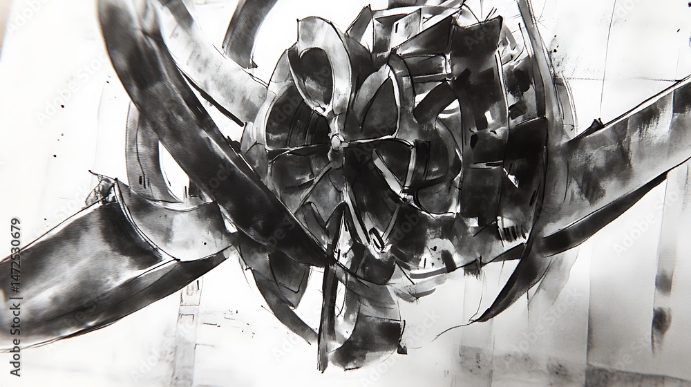 Poster abstract black and white art with dynamic shapes and fluid lines
