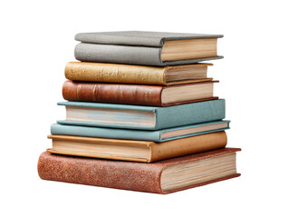 Fototapeta premium Stacked vintage books for reading cozy home still life close-up. Isolated on transparent background, png.