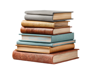 Stacked vintage books for reading cozy home still life close-up. Isolated on transparent background, png.