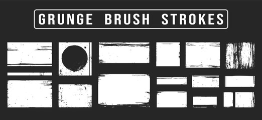 White vector rough edge rectangles on black background. Grunge torned square highlights, overlays collection. Paint brush strokes. Hand-drawn ripped papers for collage. Grungy border dialog text boxes