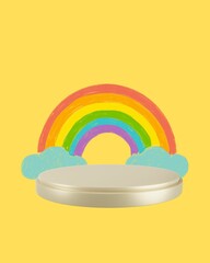 An empty white podium, a rainbow with six bright colors over a yellow background, and two clouds on its side. Fun summer illustrations for advertising children's items, promotional offers, sales, vect