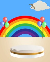 Empty white podium, big blue skies with white clouds and a flying bird. Below it is a sandy beach with two coloured balloons on the left side and the right side. Illustrations for advertising the chil